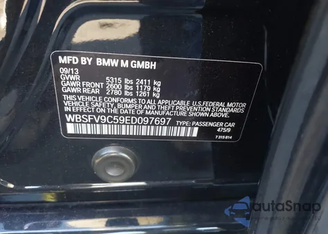 2014 BMW M5 from USA, damaged, VIN WBSFV9C59ED097697